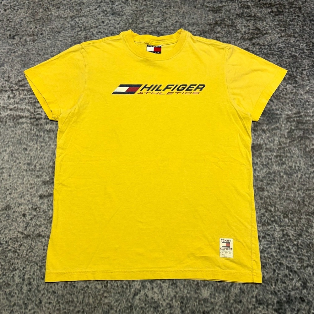 Vintage 90s Tommy Hilfiger Athletics T Shirt Mens Medium Yellow Logo Graphic - Picture 1 of 10